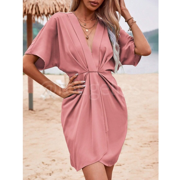 Salmon Pink Mini Dress Ruched, Batwing Sleeve Faux Wrap Pleated - Picture 2 of 8